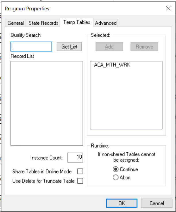 Program Properties dialog box: Temp Tables tab