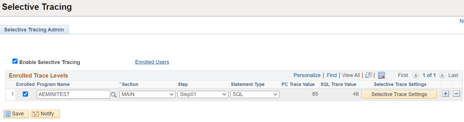 Selective Tracing Admin page