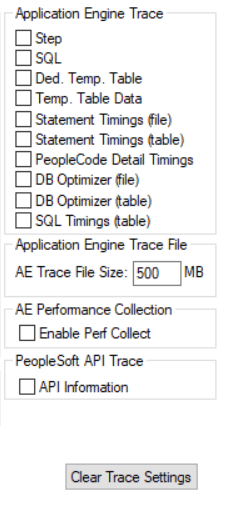 Application Engine Trace check boxes and file size