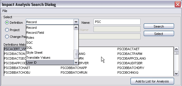 Impact Analysis Search Dialog page (Select Definition dropdown list)