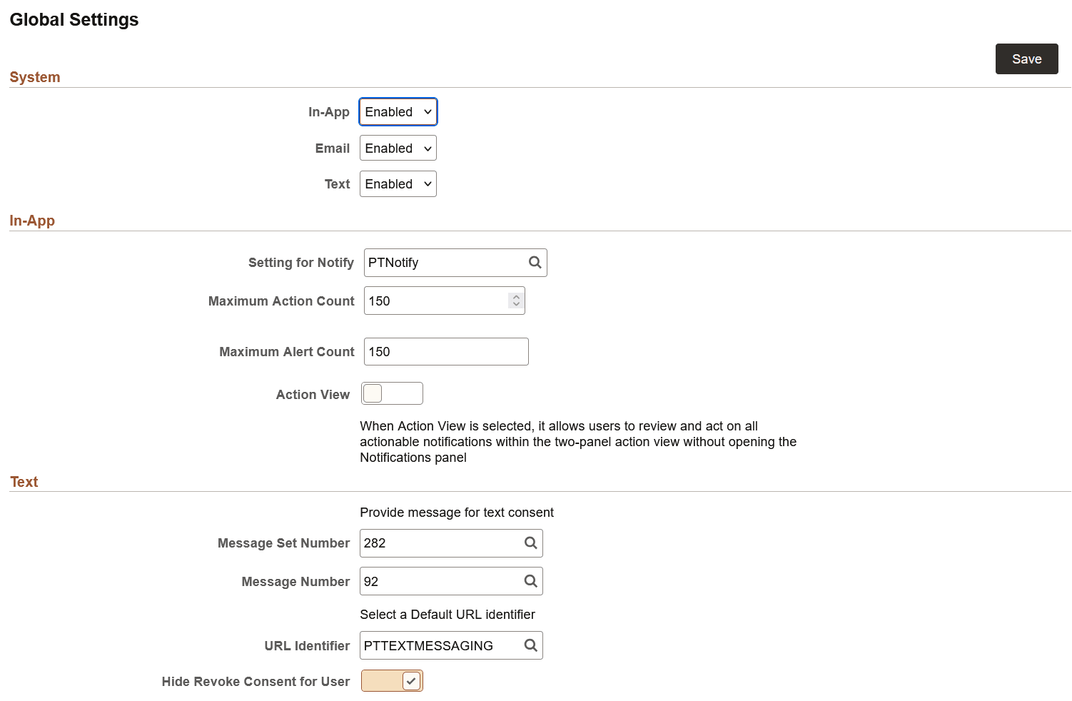 Global Settings page