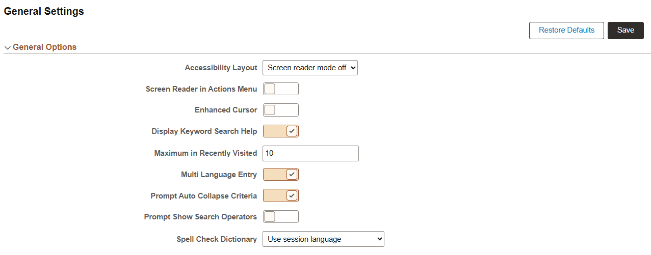 Personalizations: General Options page with multi-language entry enabled