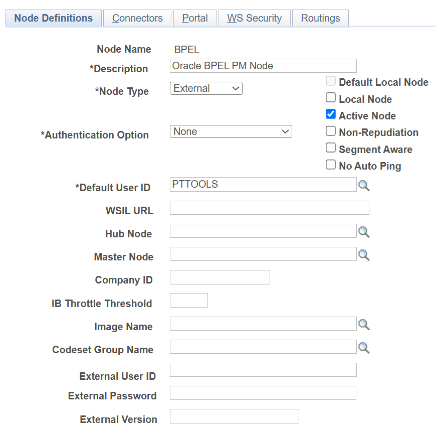 Nodes - Node Definitions page (External node)