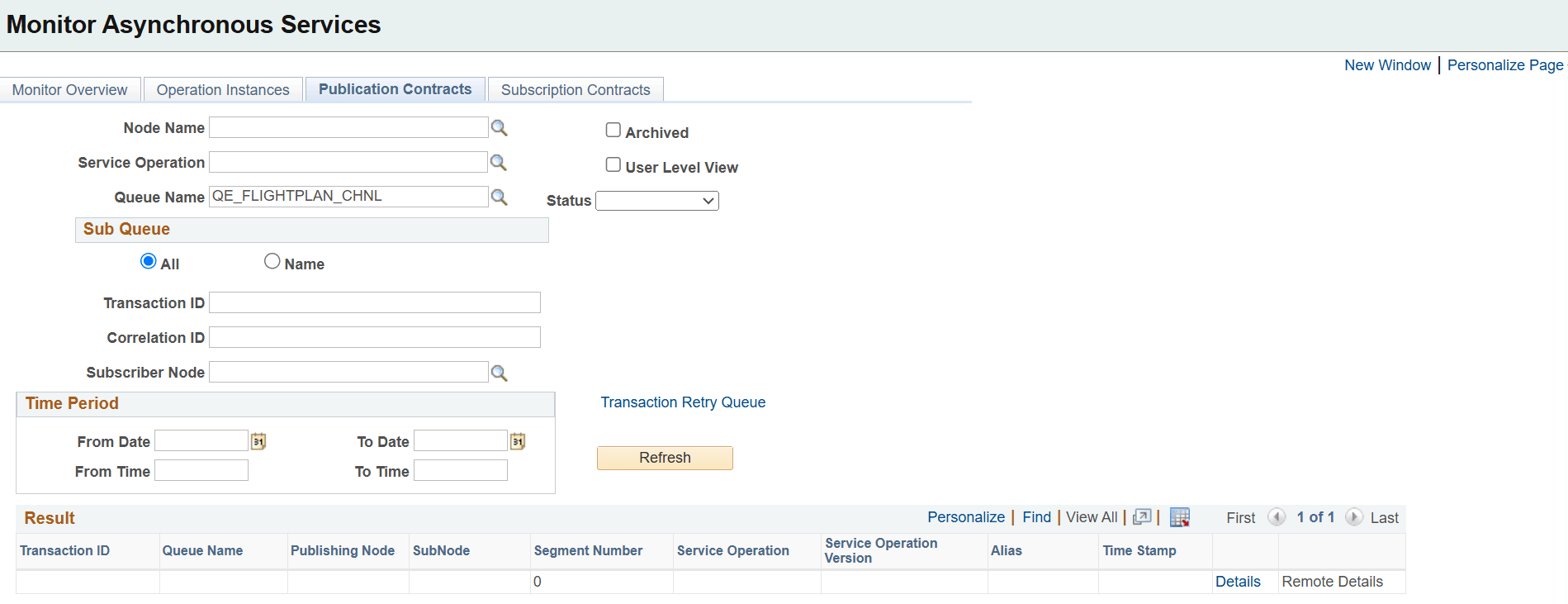 Monitor Asynchronous Services - Publication Contracts page