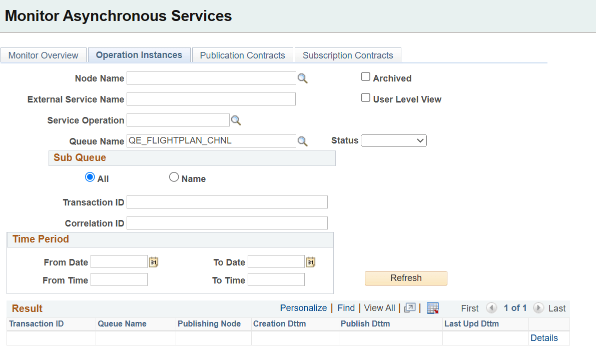 Monitor Asynchronous Services - Operation Instances page