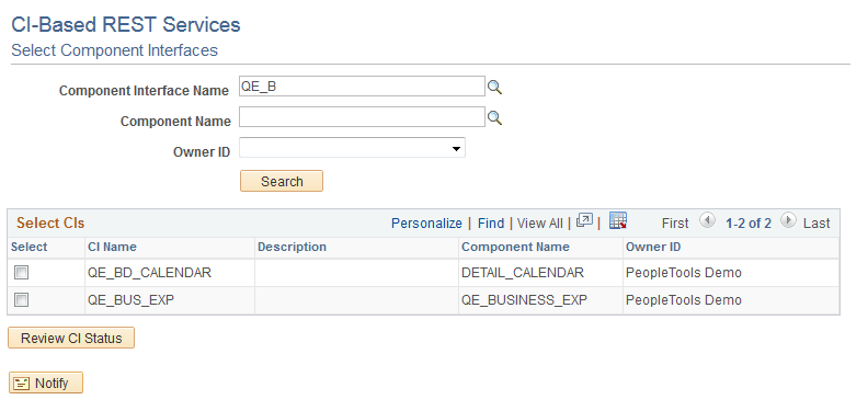 Select Component Interfaces page