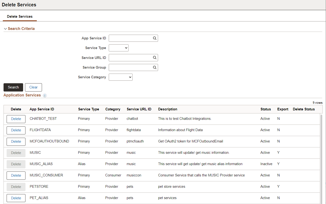 Delete Application Service page