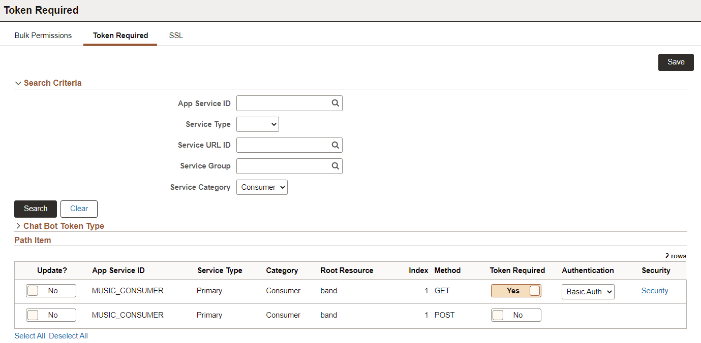Token Required page for Consumer Application Services