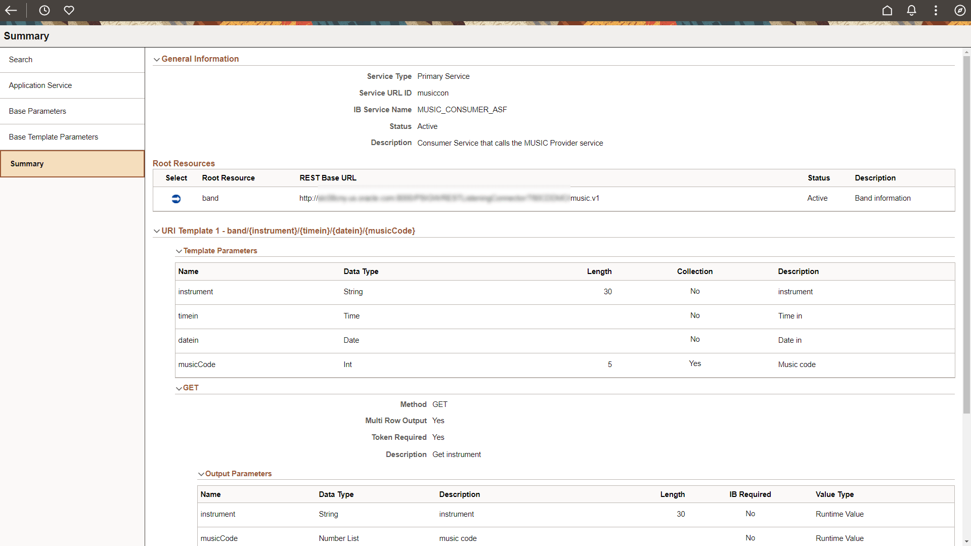 Summary page for Consumer Application Service