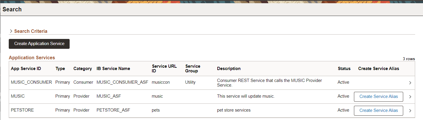 Application Services Search page