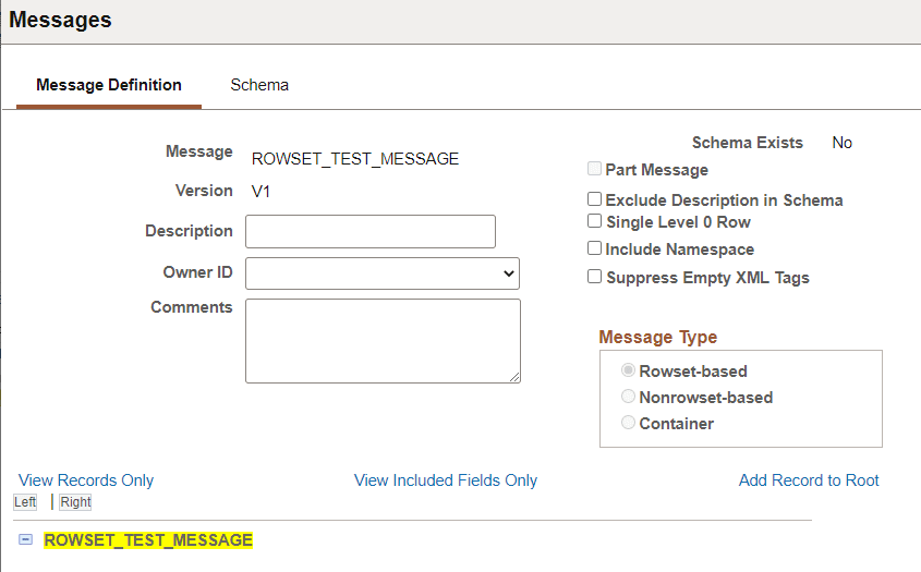 Message Definition page for Rowset-based message
