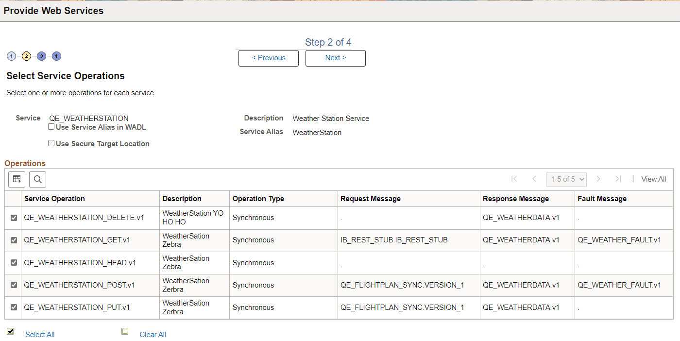 Select Service Operations page for a REST service