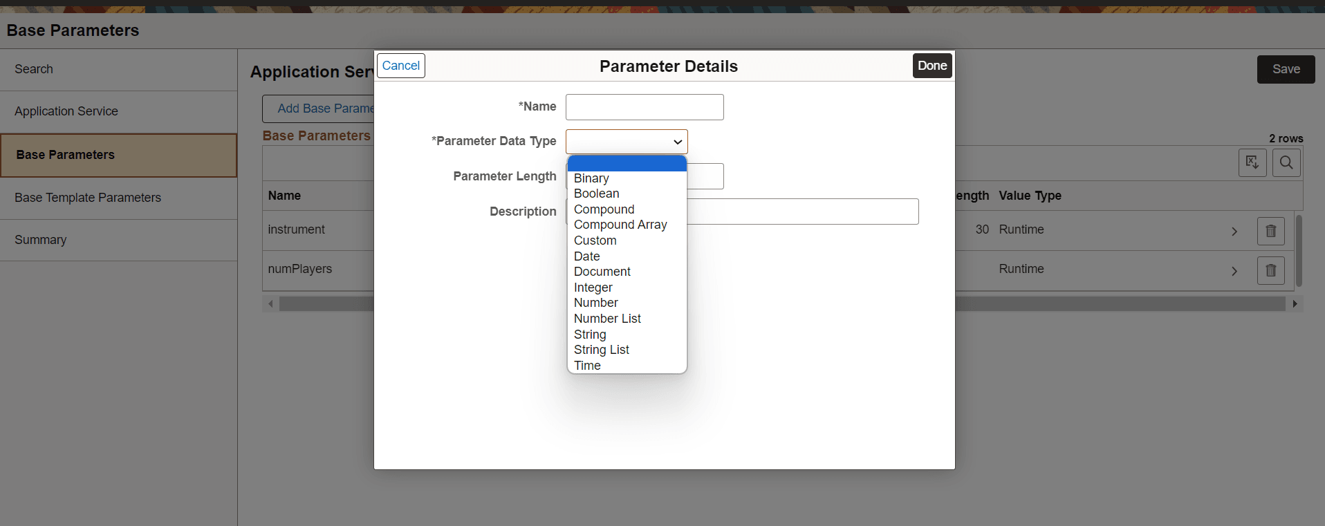 Base Parameters Details page