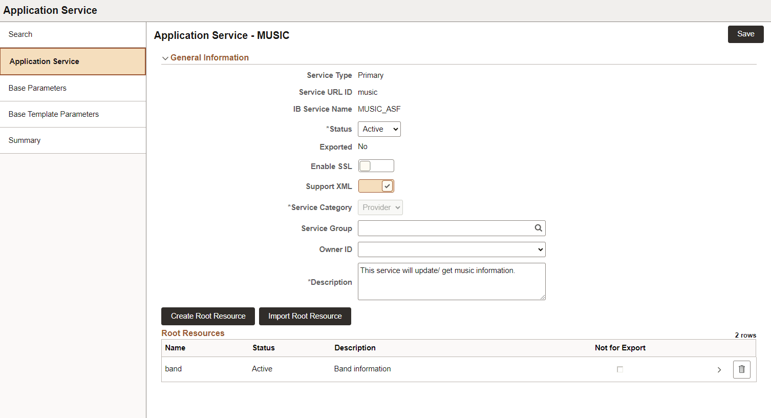 Application Service page with root Resource defined