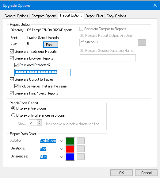 Upgrade Options dialog box: Report Options tab