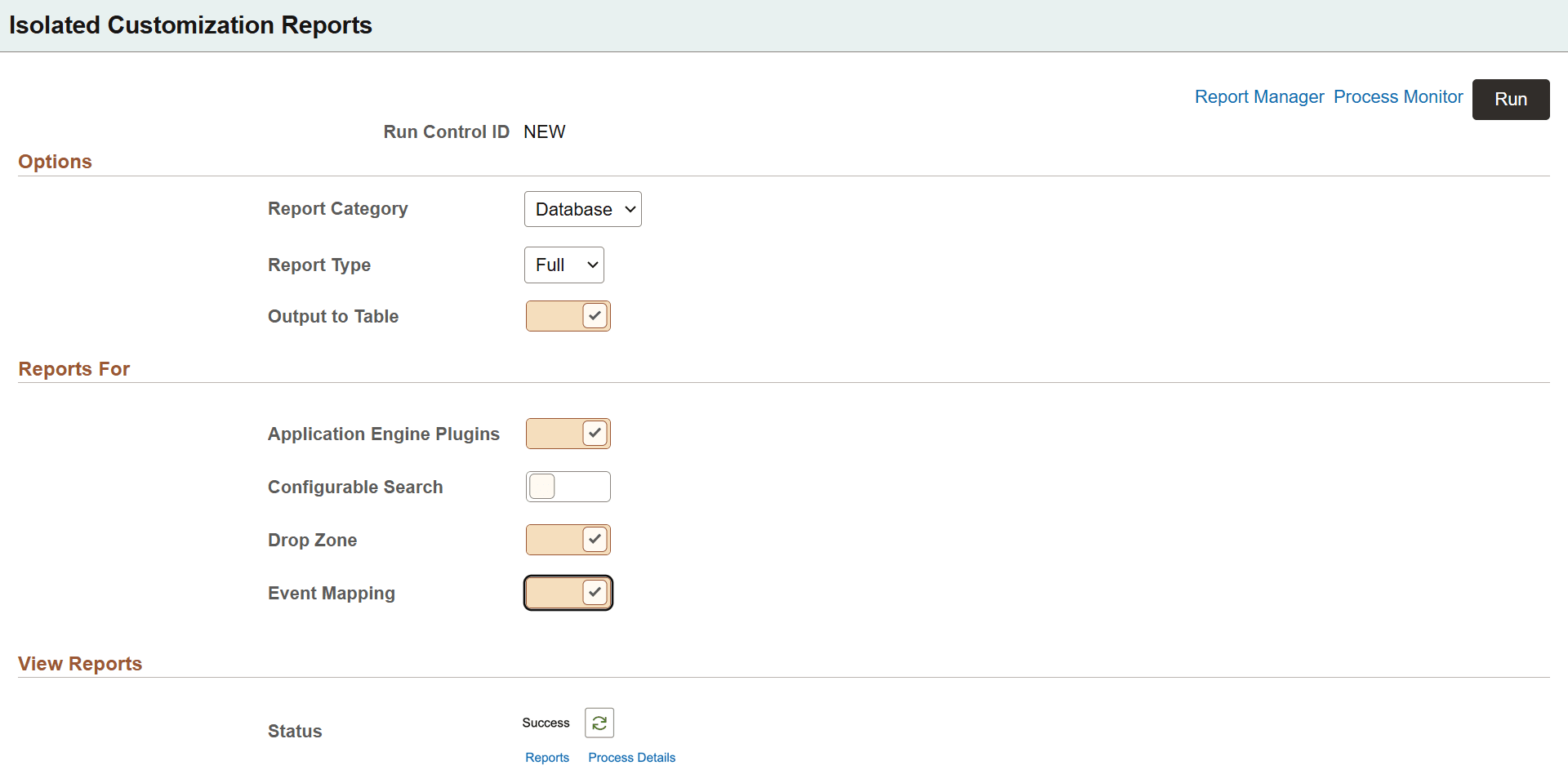 Isolated Customization Reports page