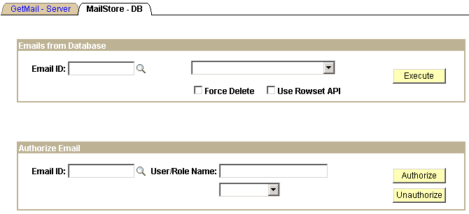The MailStore - DB page having the Emails from Database and Authorize Email group boxes.