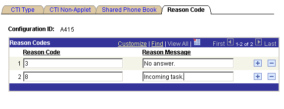 The Reason Code page having the following editable fields: Reason Code and Reason Message