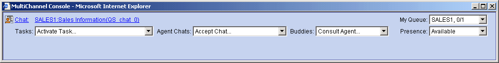 The MultiChannel Console navigation tool having the following editable fields: Tasks, Agent Chats, Buddies, My Queue, and Presence.