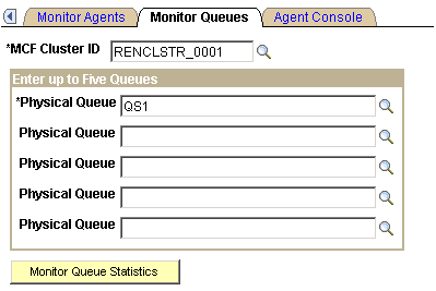 The Monitor Queues page having the MCF Cluster ID and Physical Queue editable fields, and the Monitor Queue Statistics button