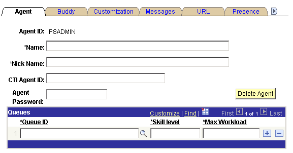 The Agent page displaying the Agent ID and having the following editable fields: Name, Nick Name, CTI Agent ID, Agent Password, Queue ID, Skill Level, and Max Workload.