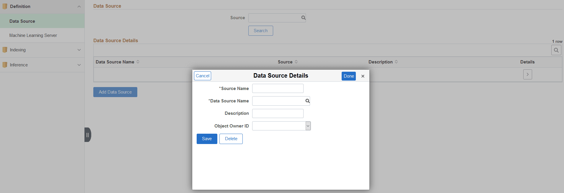 Data Source Definition page