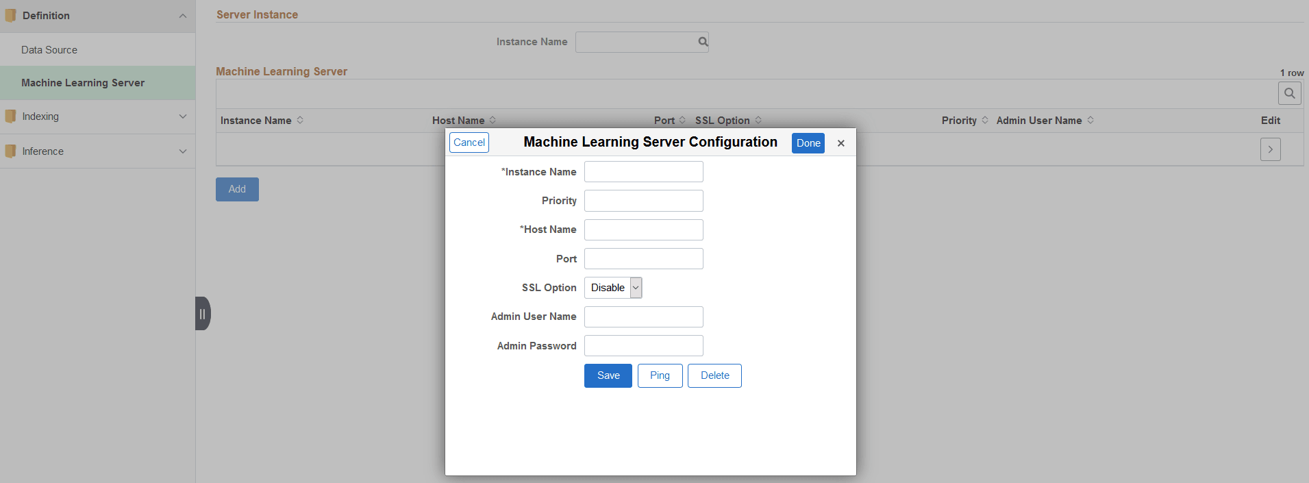 Server Definition page