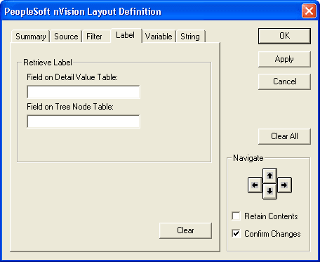 PeopleSoft nVision Layout Definition dialog box: Label tab