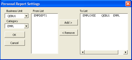 Personal Report Settings dialog box