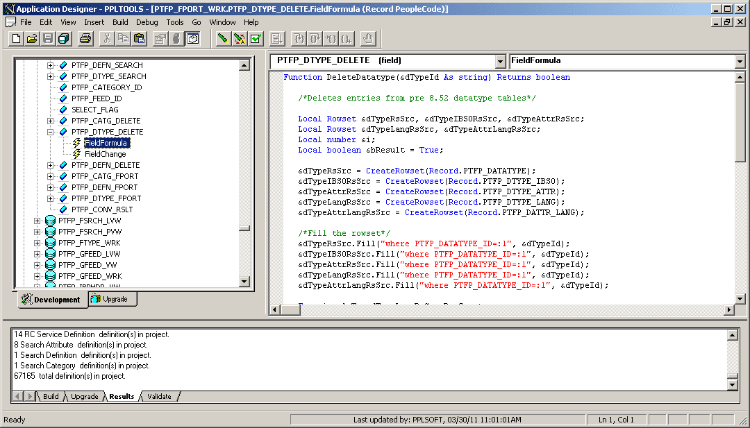 Status bar displaying the last update information for a PeopleCode program