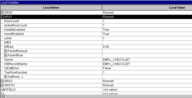 Local Variables pane with rowset object expanded