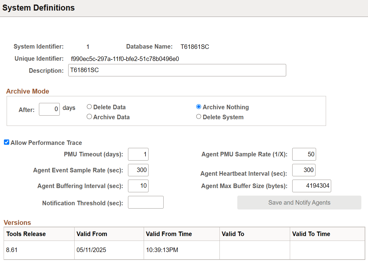 System Definitions page