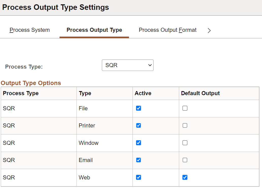 Process Output Type Settings page