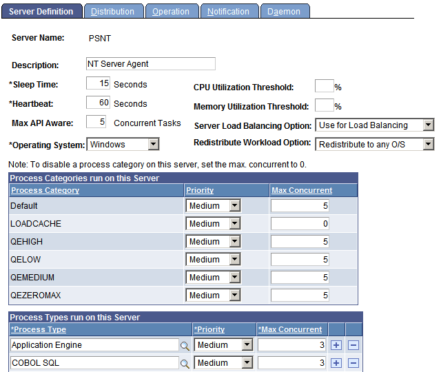Server Definition page