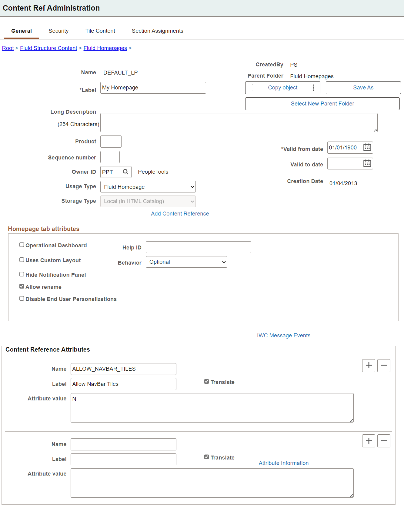 Content Ref Administration page for a fluid homepage definition