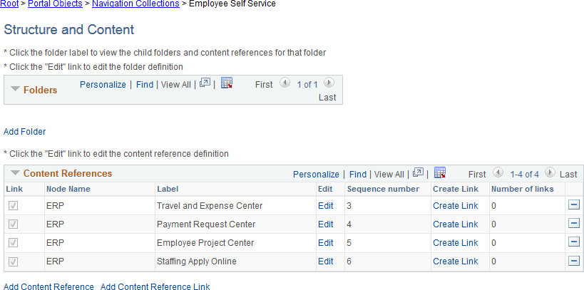Structure and Content page for the Employee Self Service custom tabs navigation collection