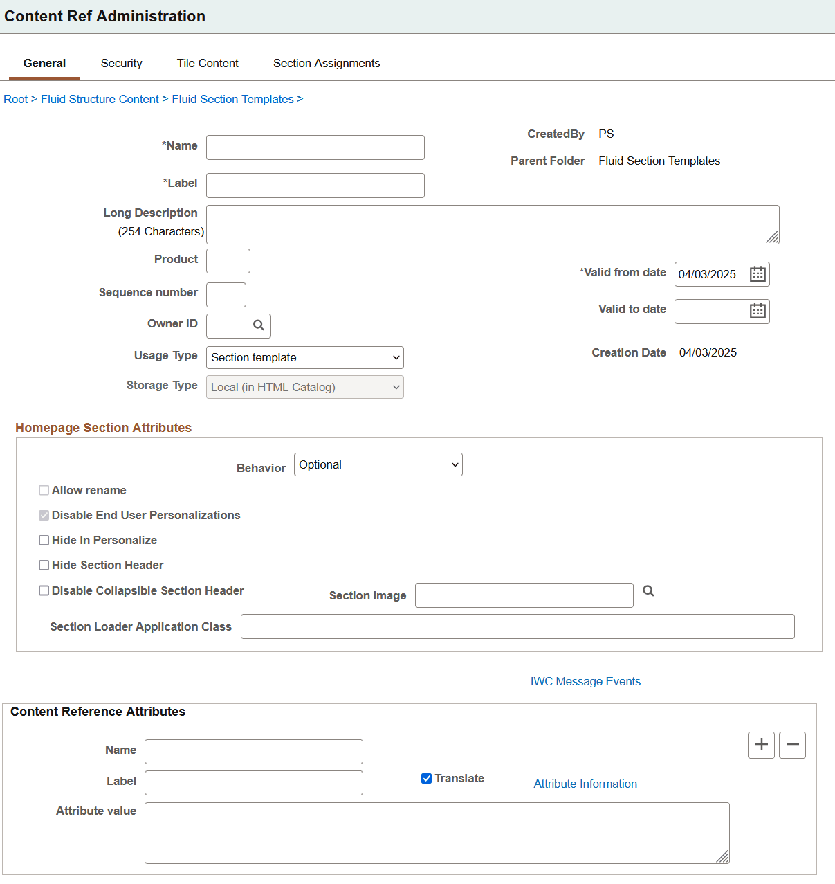 Administration page for a section template definition