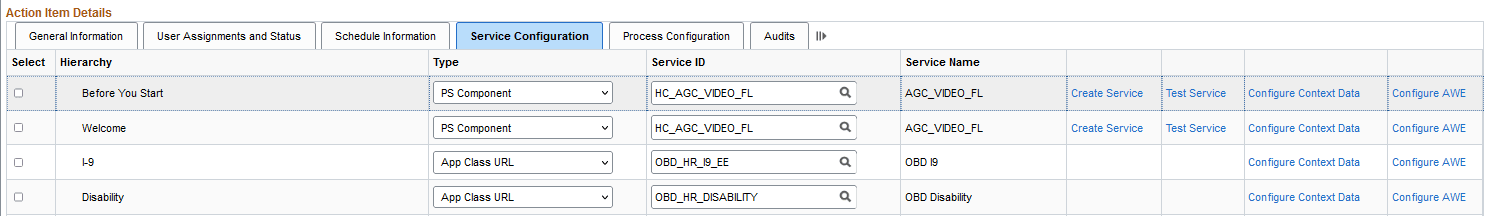 Action Item Details - Service Configuration tab