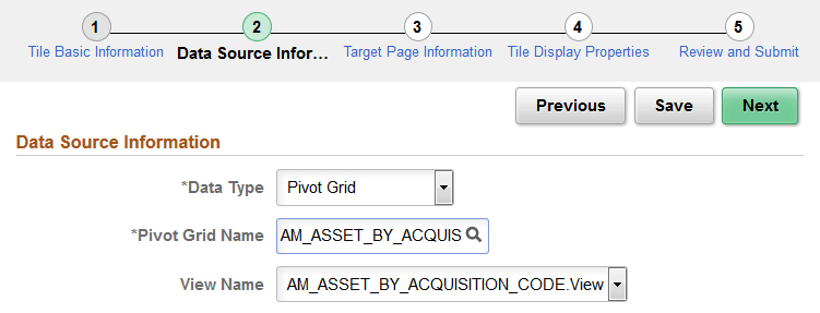 Data Source Information page for the Pivot Grid data type