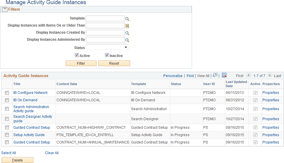 Manage Activity Guide Instances page