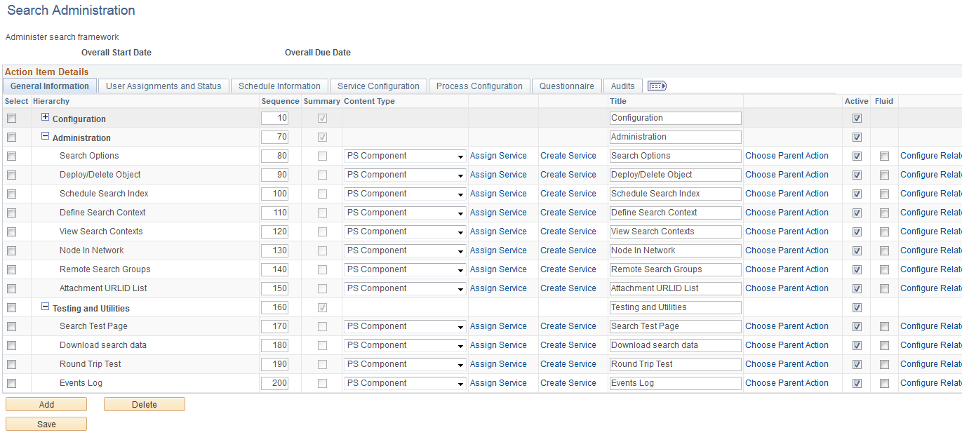 Example of summary and detail action items