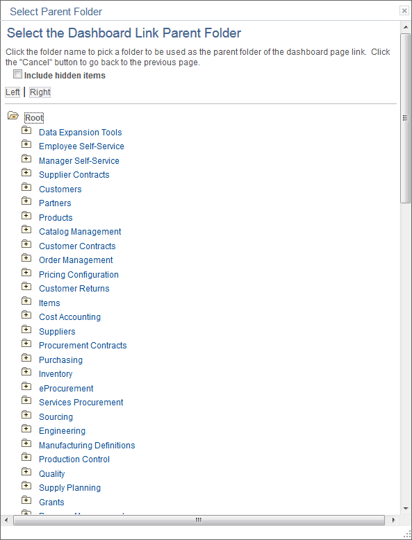 Select the Dashboard Link Parent Folder page