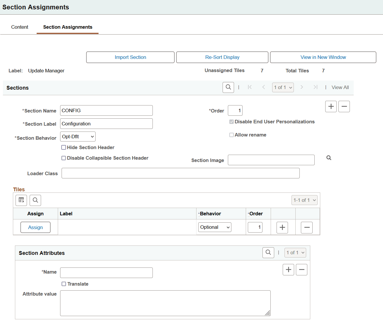 Section Assignments page for Dashboard