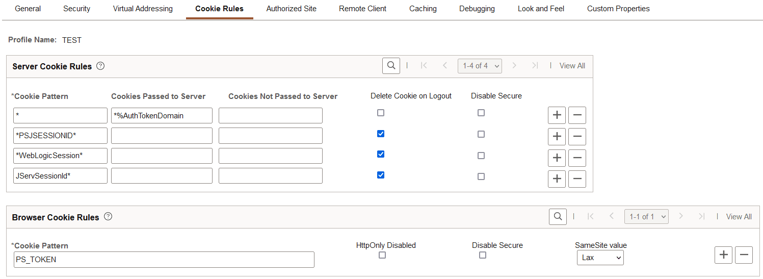 Web Profile Configuration - Cookie Rules page