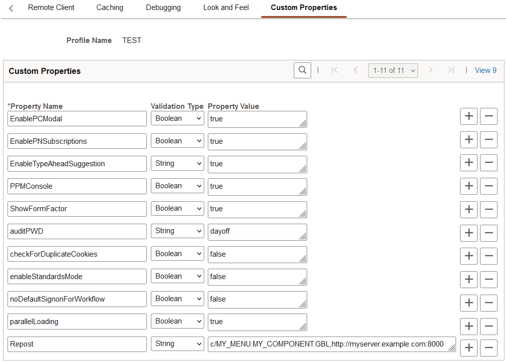 Web Profile Configuration - Custom Properties page