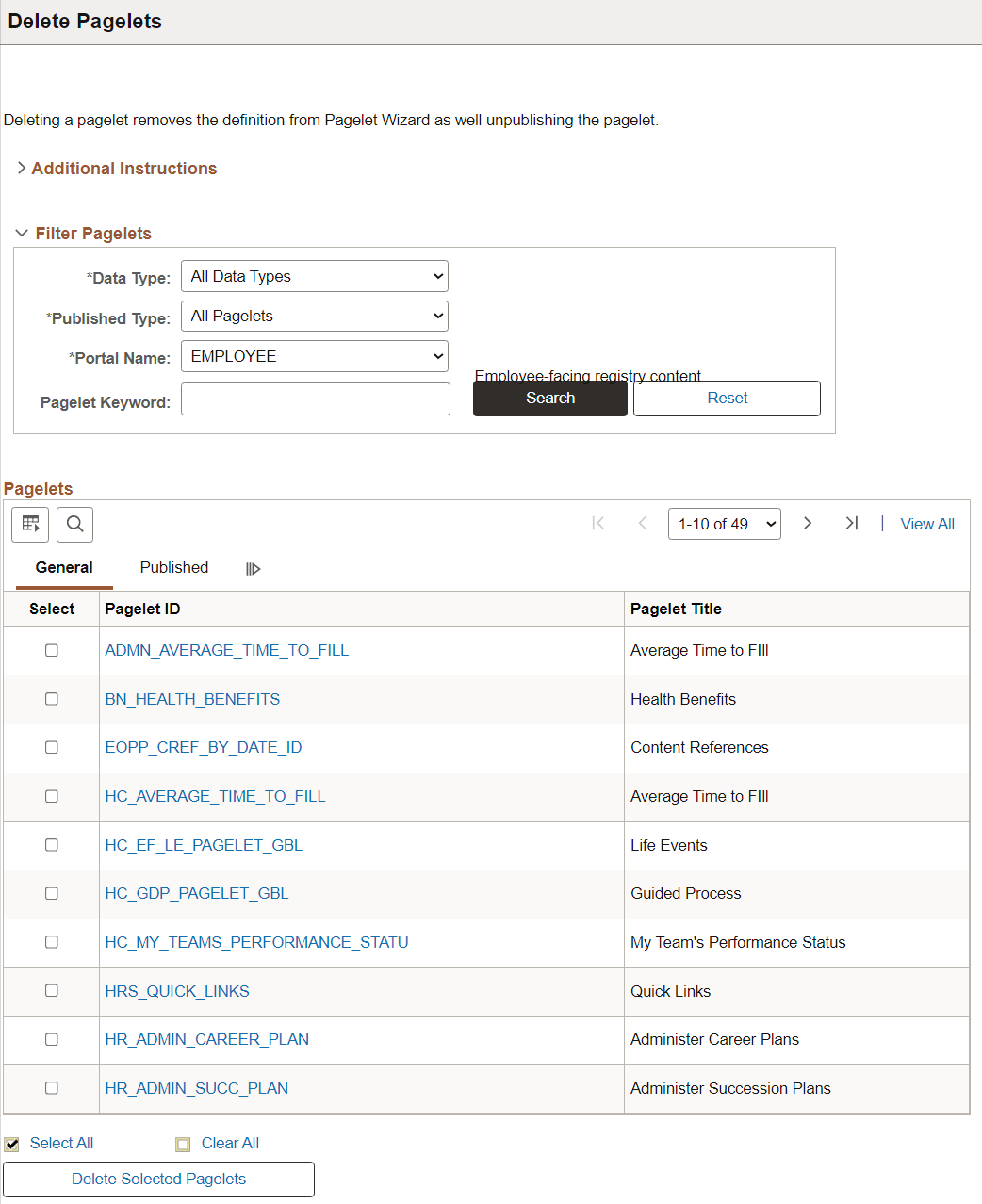 Delete Pagelets page