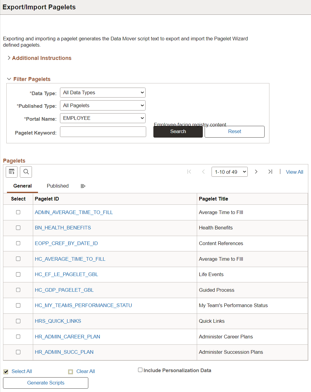 Export/Import Pagelets page