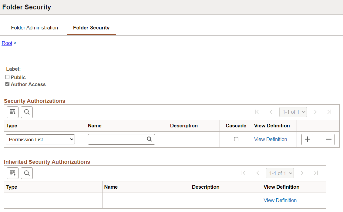 Folder Administration - Folder Security page