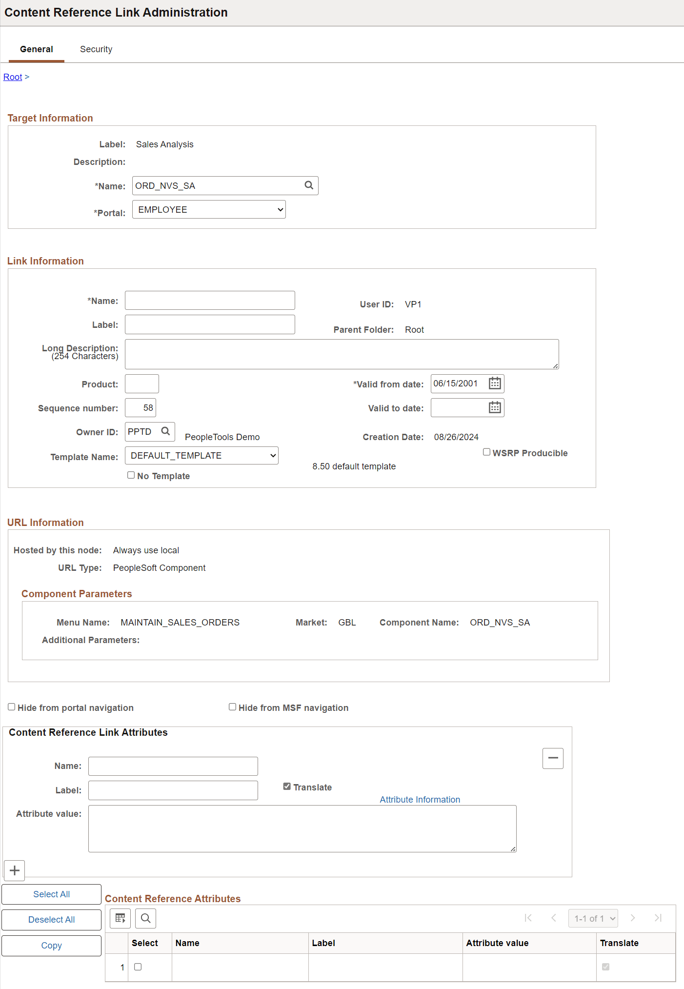 Content Reference Link Administration page