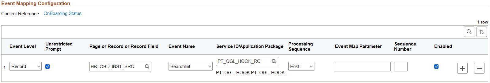 SearchInit event configured with the PT_OGL_HOOK_RC service ID